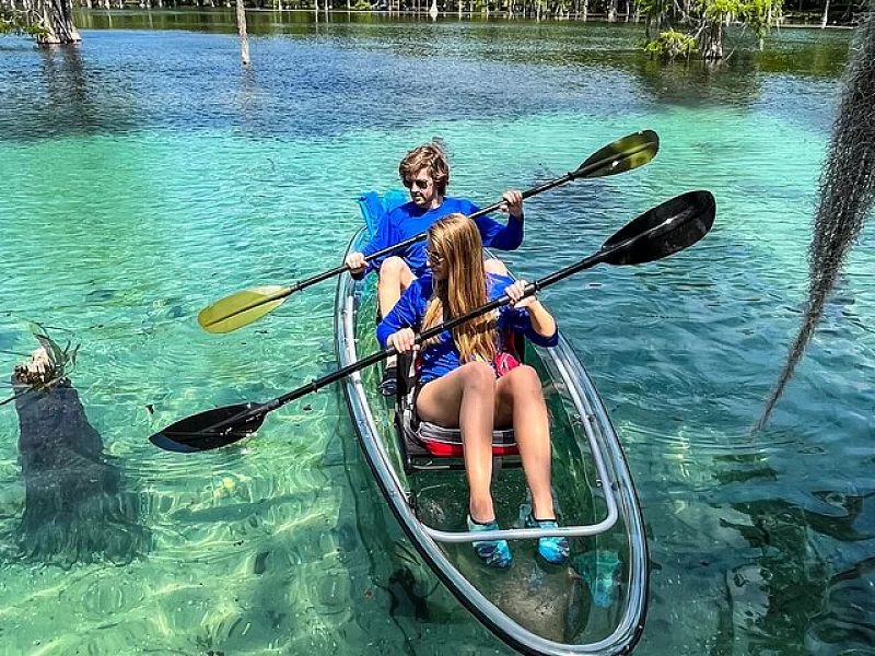 A man and a woman are paddling a clear kayak on a lake.