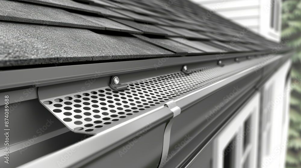 Black gutter guard mesh rolled out on a rooftop gutter. Black gutter guard mesh rolled out on a rooftop gutter.