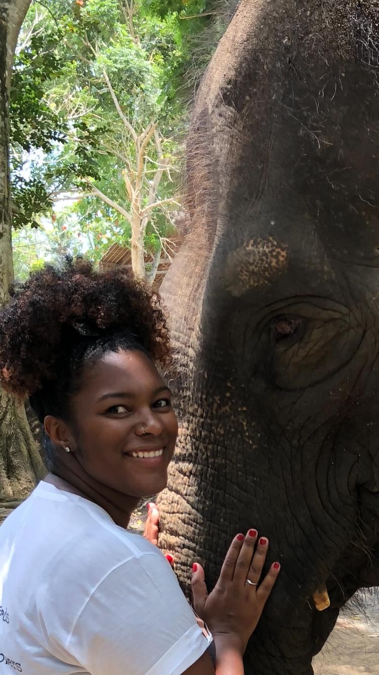 A woman is standing next to an elephant and petting it in Bali