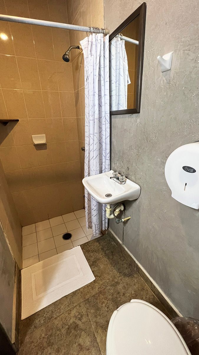 A bathroom with a toilet , sink , and shower.