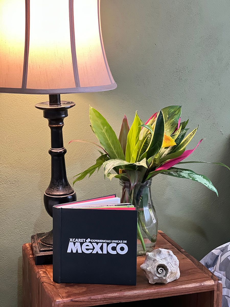 A book titled mexico is sitting on a table next to a lamp and a vase of flowers.