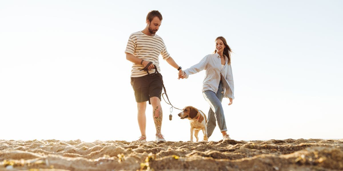 Couple walking dog on Carolina Beach