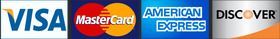Logos for Visa, Mastercard, American Express, and Discover credit cards.