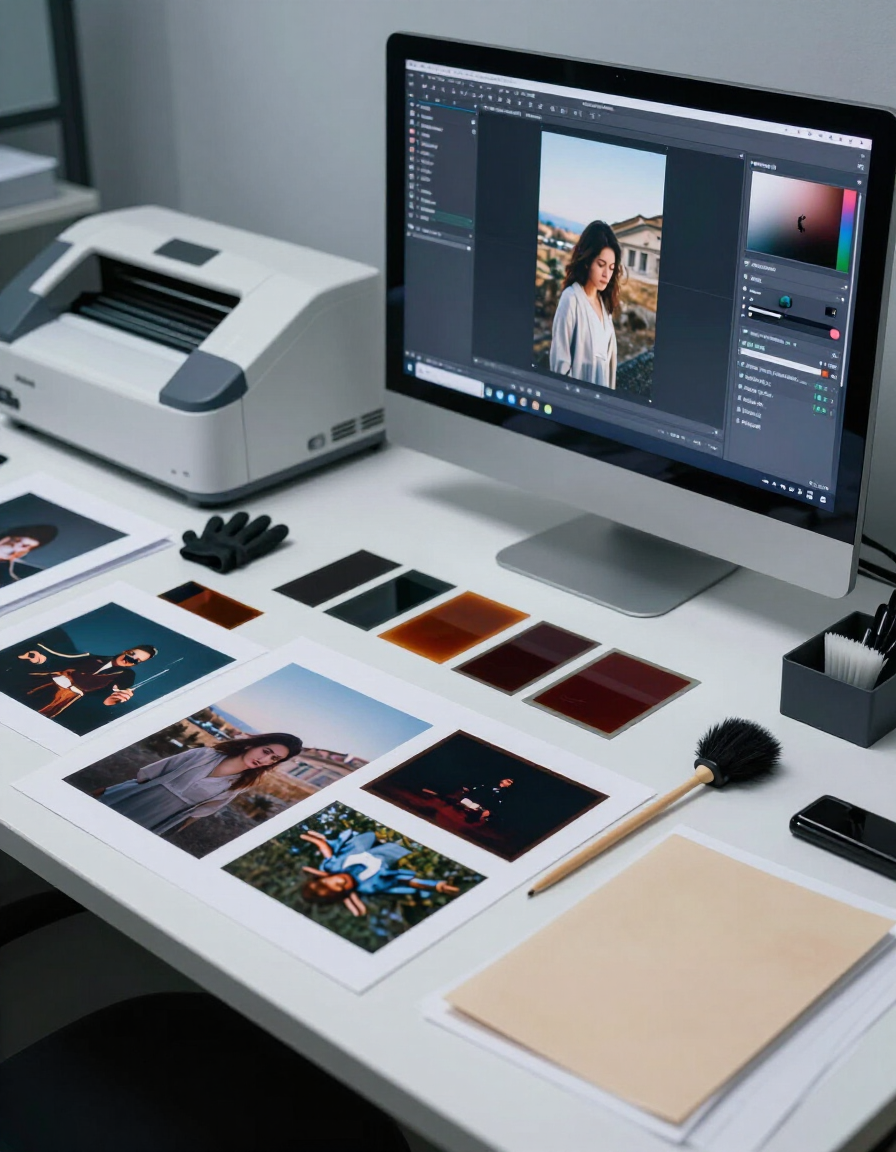 Espacio de trabajo de diseño de escritorio con editor de fotos, impresora, fotos impresas, muestras de tela