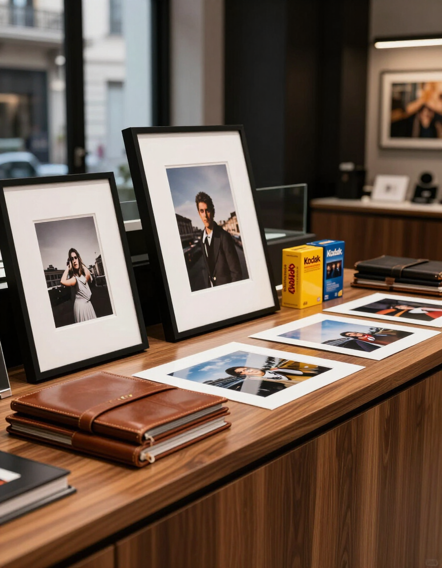 Fotografías enmarcadas y libros apilados sobre un escritorio de madera en una oficina moderna.