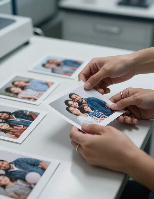 Unas manos colocan fotos familiares impresas sobre un escritorio blanco con una impresora fotográfica cerca.