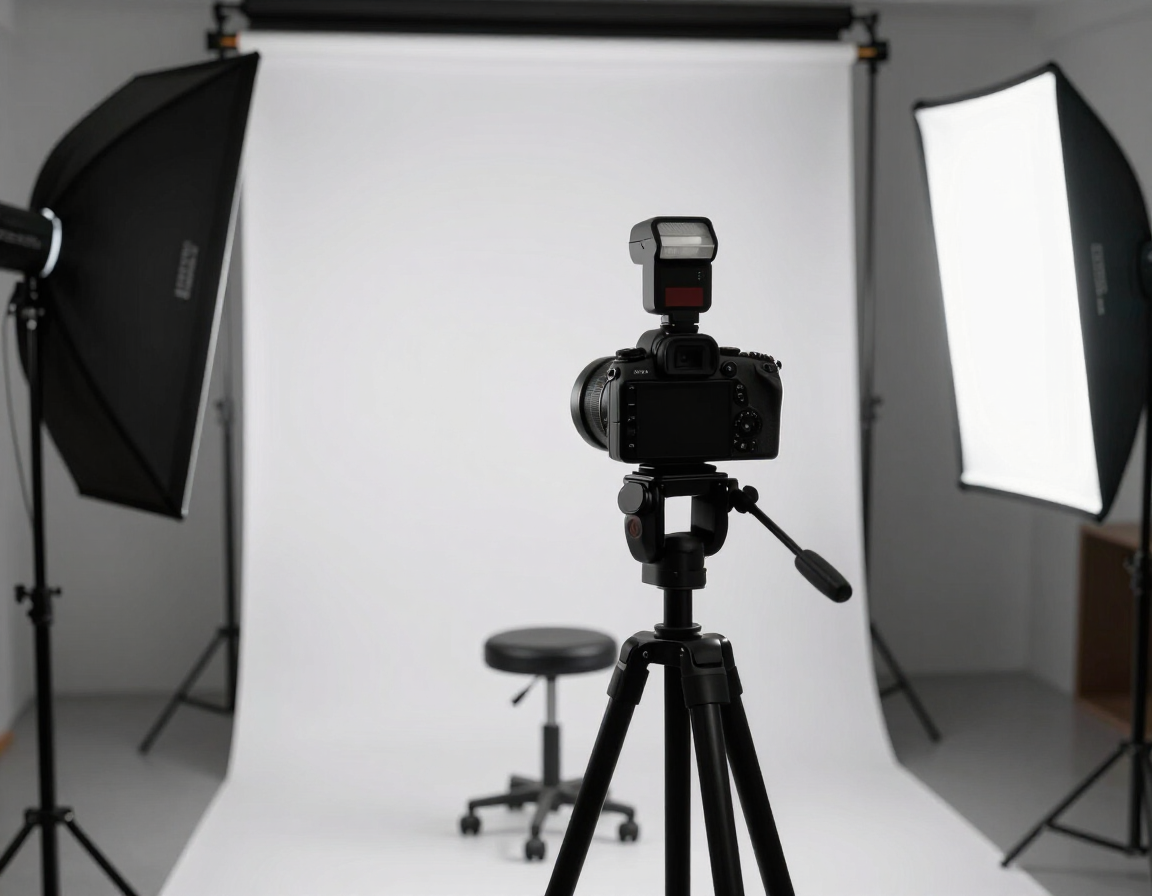 Montaje de estudio fotográfico con cámara en trípode, luces softbox, fondo blanco y taburete.