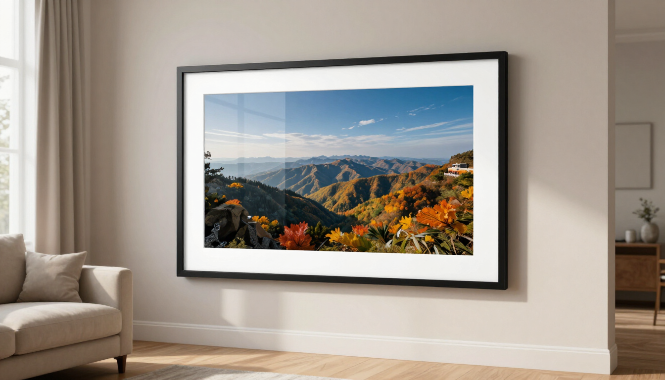 Fotografía enmarcada de un paisaje con montañas y follaje otoñal colgada sobre un sofá beige en una sala de estar moderna.