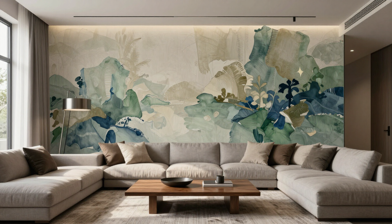Sala de estar moderna con un gran sofá modular, mesa de centro de madera y mural abstracto en tonos suaves de azul verdoso.