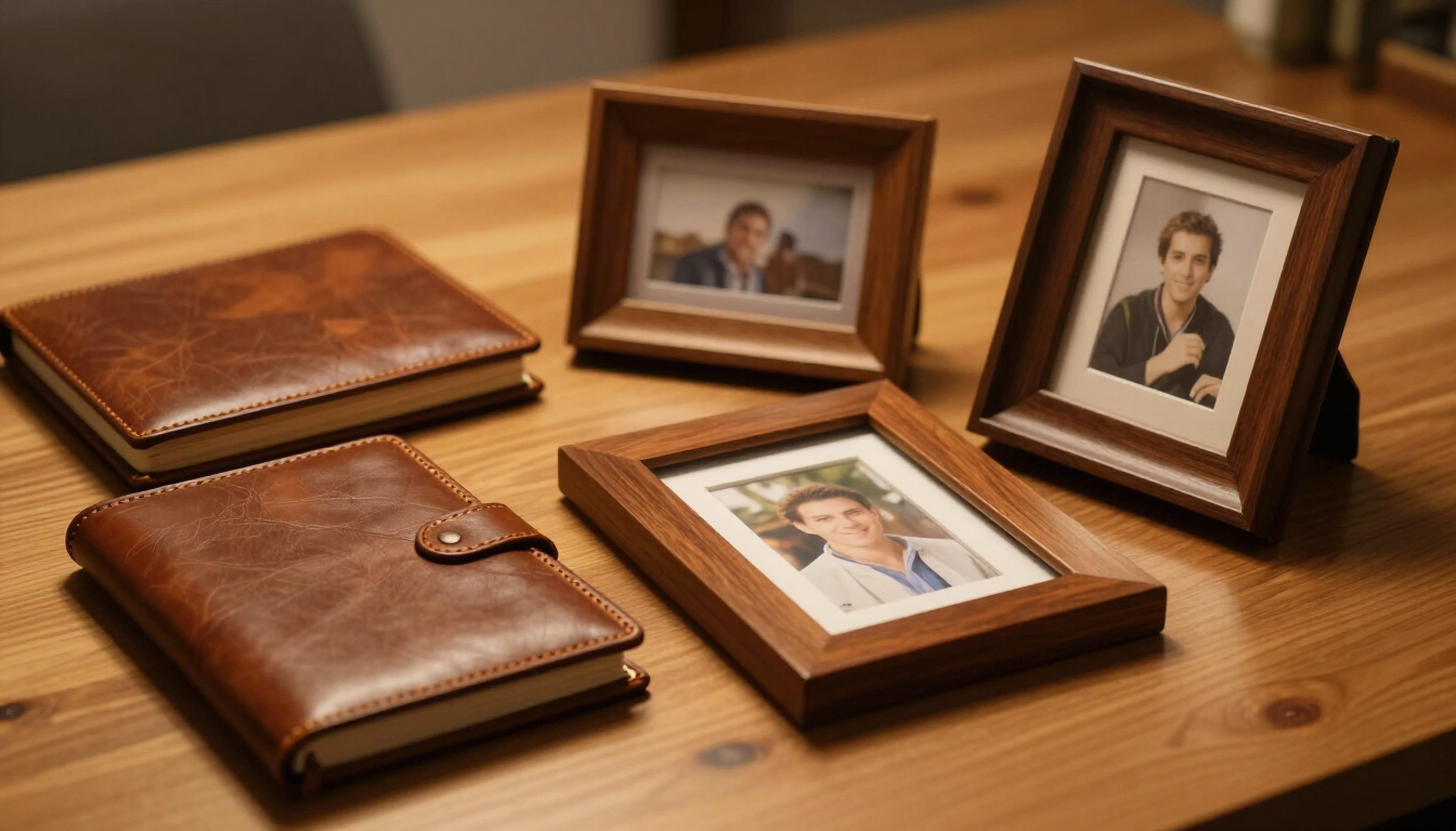 Marcos de fotos y álbumes de cuero sobre una mesa de madera, que muestran retratos familiares.