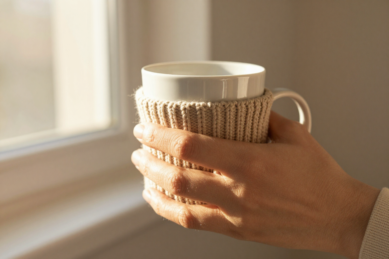 Warm mug with knitted cozy in sunlight by window, creating a comforting atmosphere
