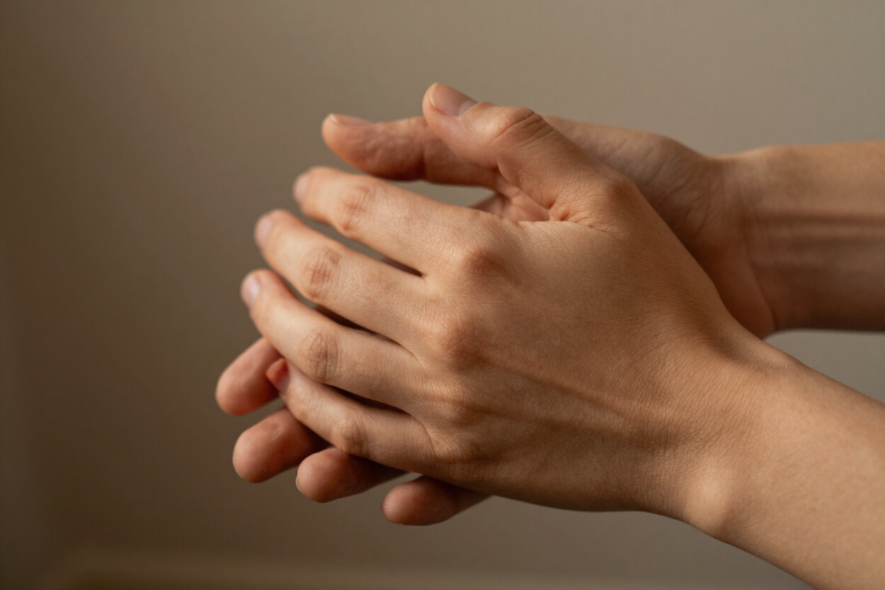 Hands gently clasped together, symbolizing peace and reflection in cremation services
