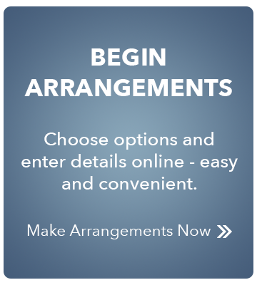 Blue button for making arrangements online with “Begin Arrangements” and “Make Arrangements Now” text.