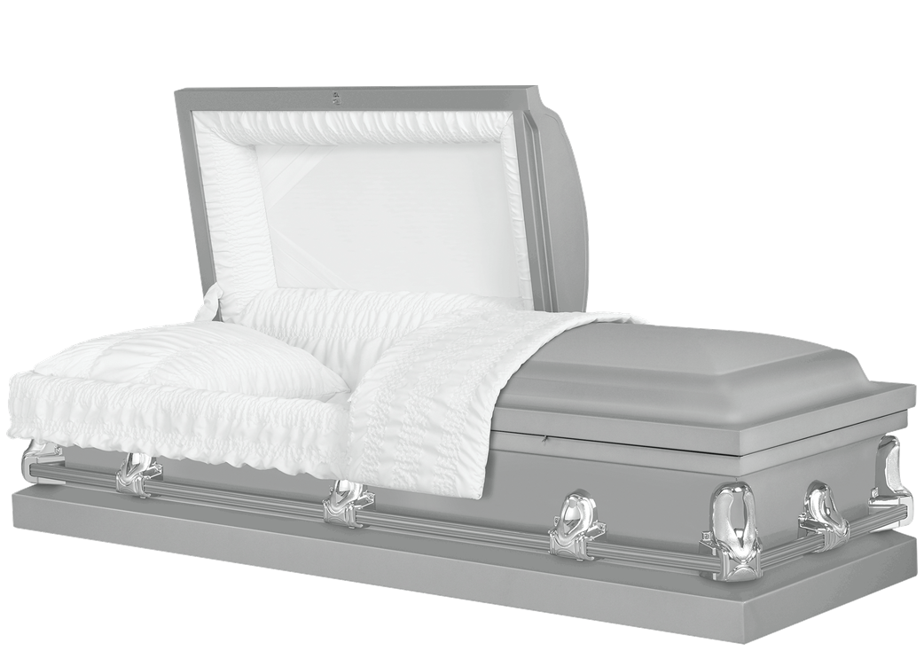 White casket with open lid on a gray stand, draped with a white cloth.