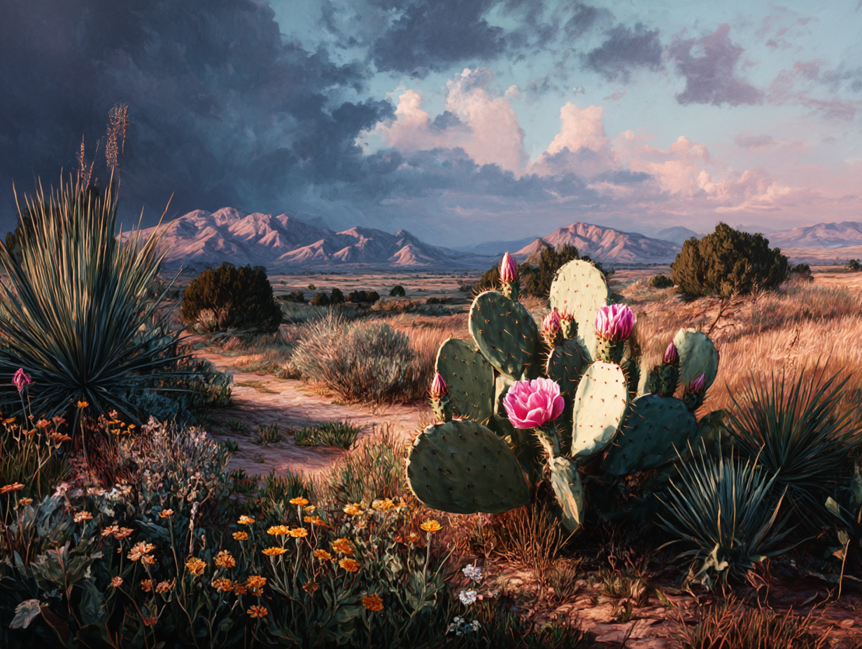 Desert landscape with prickly pear cacti, pink wildflowers, and mountains under a cloudy sunset sky