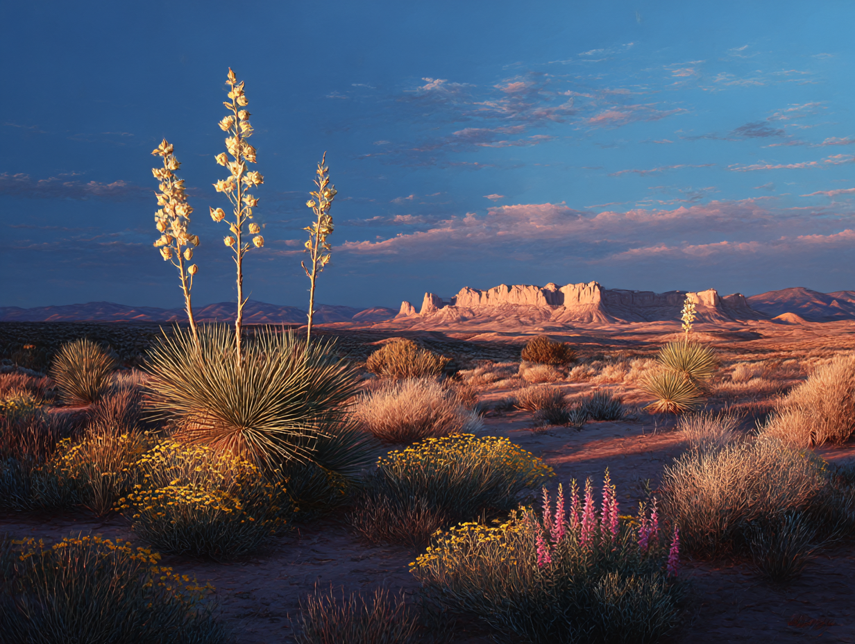 Desert landscape at sunset with tall yucca plants, shrubs, and pink rock formations under a blue sky