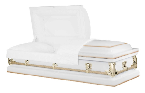 White and gold casket with an open lid, displayed on a white background