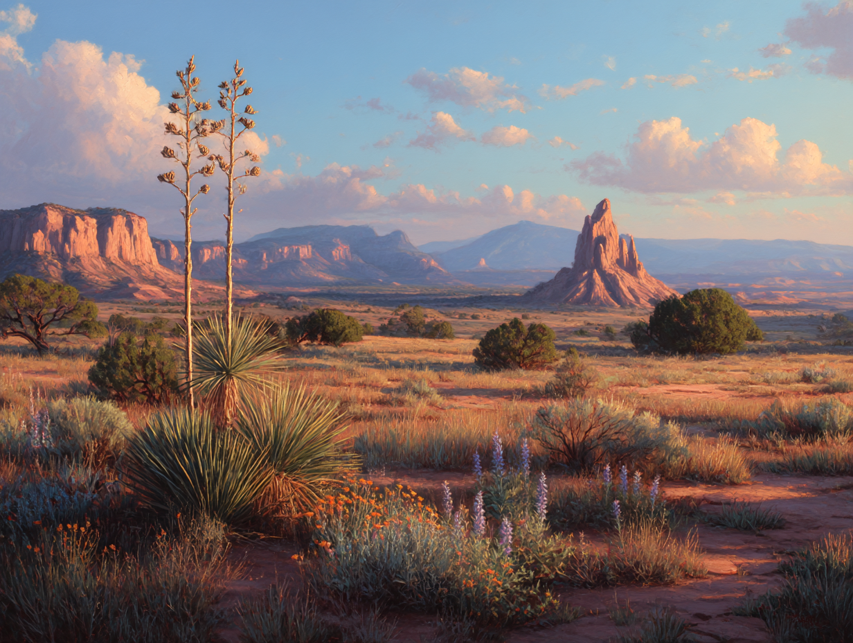 Desert landscape with red rock formations, scrub plants, and a pastel sunset sky