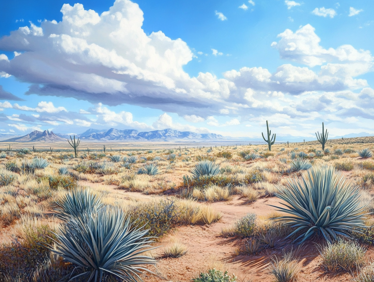 Desert landscape with yucca plants, sandy ground, distant mountains, and a bright blue sky with clouds