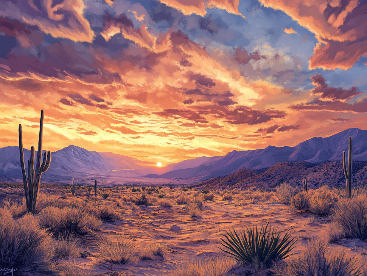 Desert landscape at sunset with cacti, mountains, and a colorful orange-purple sky