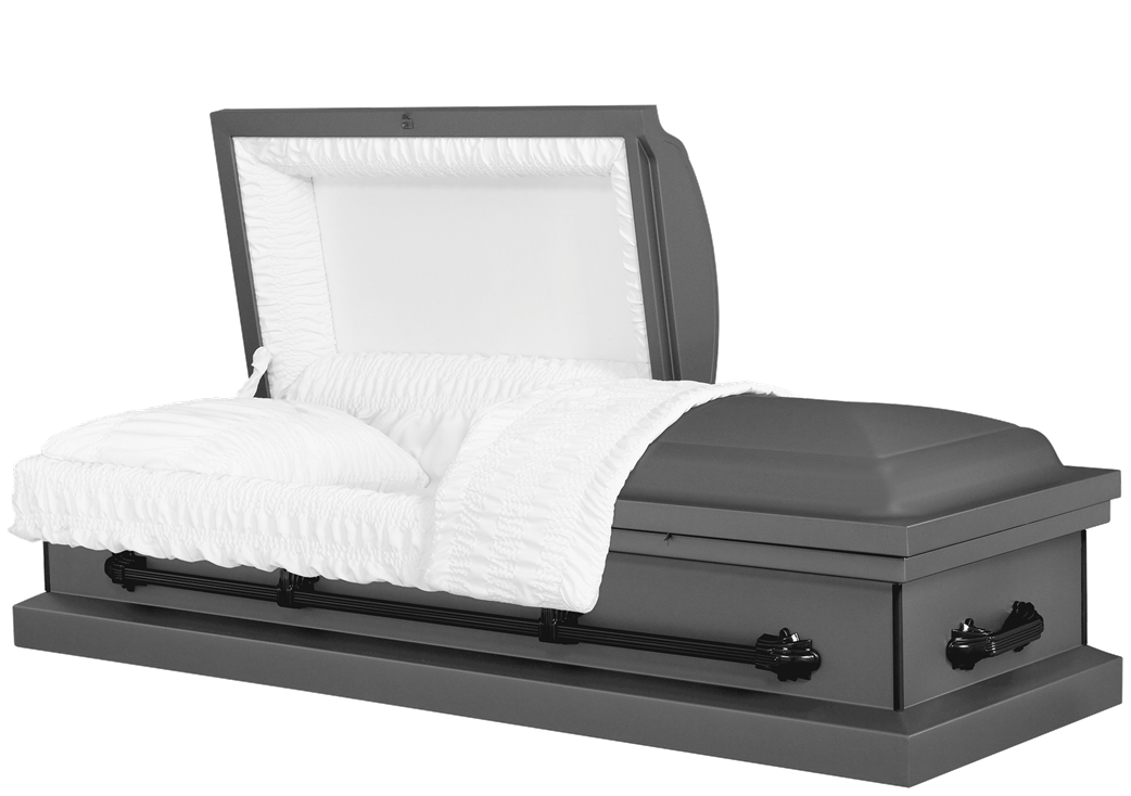 Open casket with white lining and gray exterior, shown partly open on a base