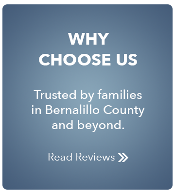 Blue promotional card reading “Why Choose Us,” “Trusted by families in Bernalillo County and beyond,” with “Read Reviews.”