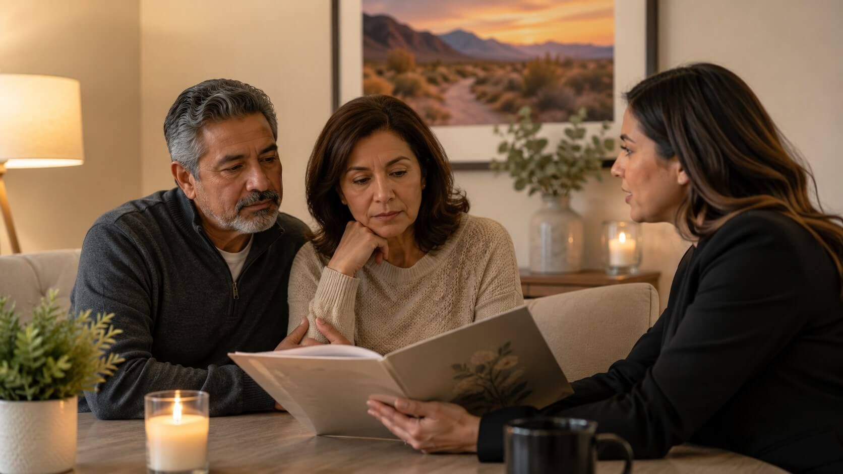 A caring conversation around a memorial booklet creates a supportive scene in Rio Rancho, NM