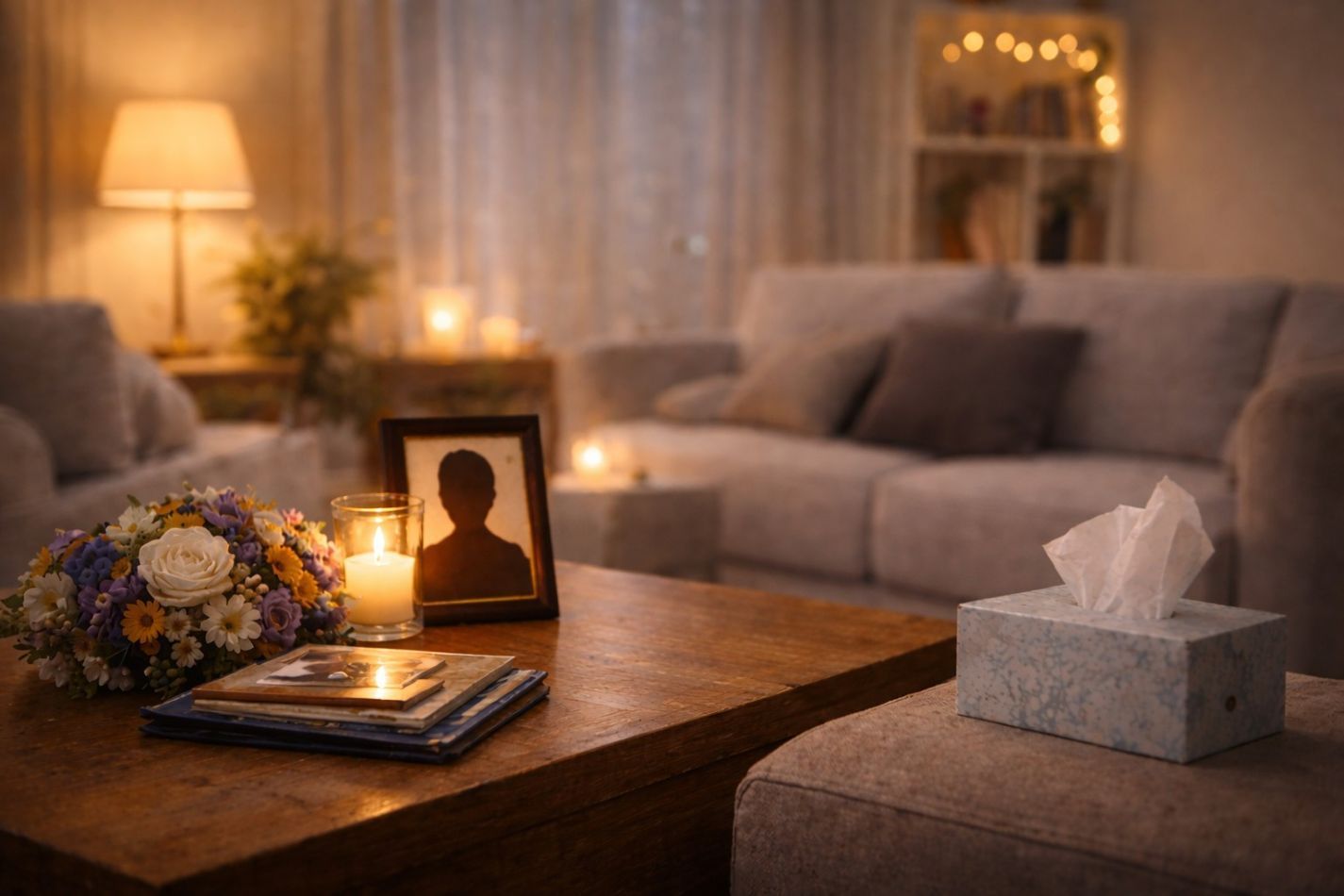A living room memorial with candles, flowers, and framed photo of direct cremation in Bernalillo, NM