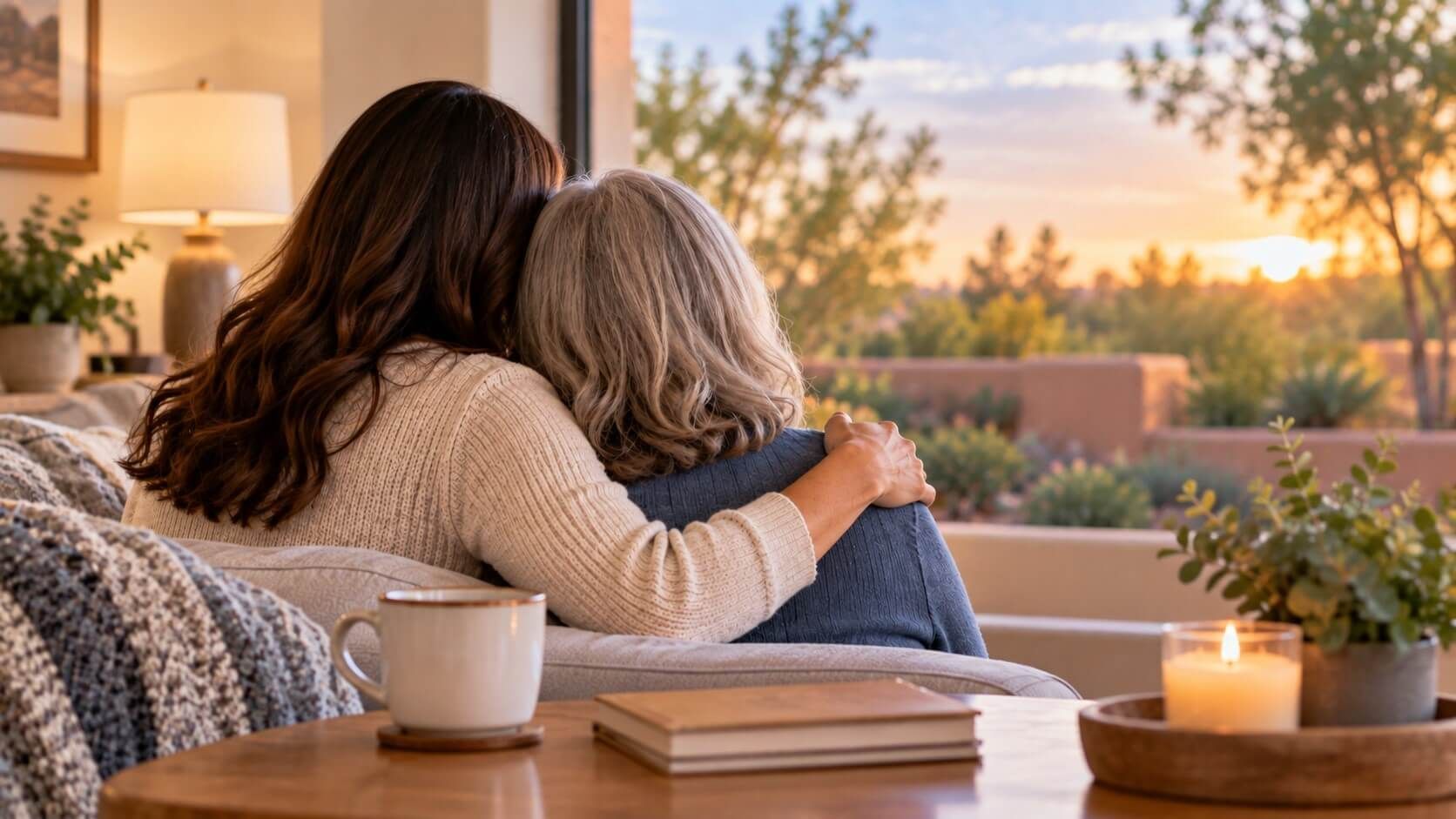 A daughter comforts her mother while reflecting on direct cremation in Rio Rancho, NM together
