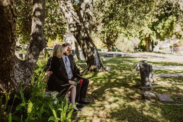 Couple reflecting outdoors during direct cremation Rio Rancho, NM service