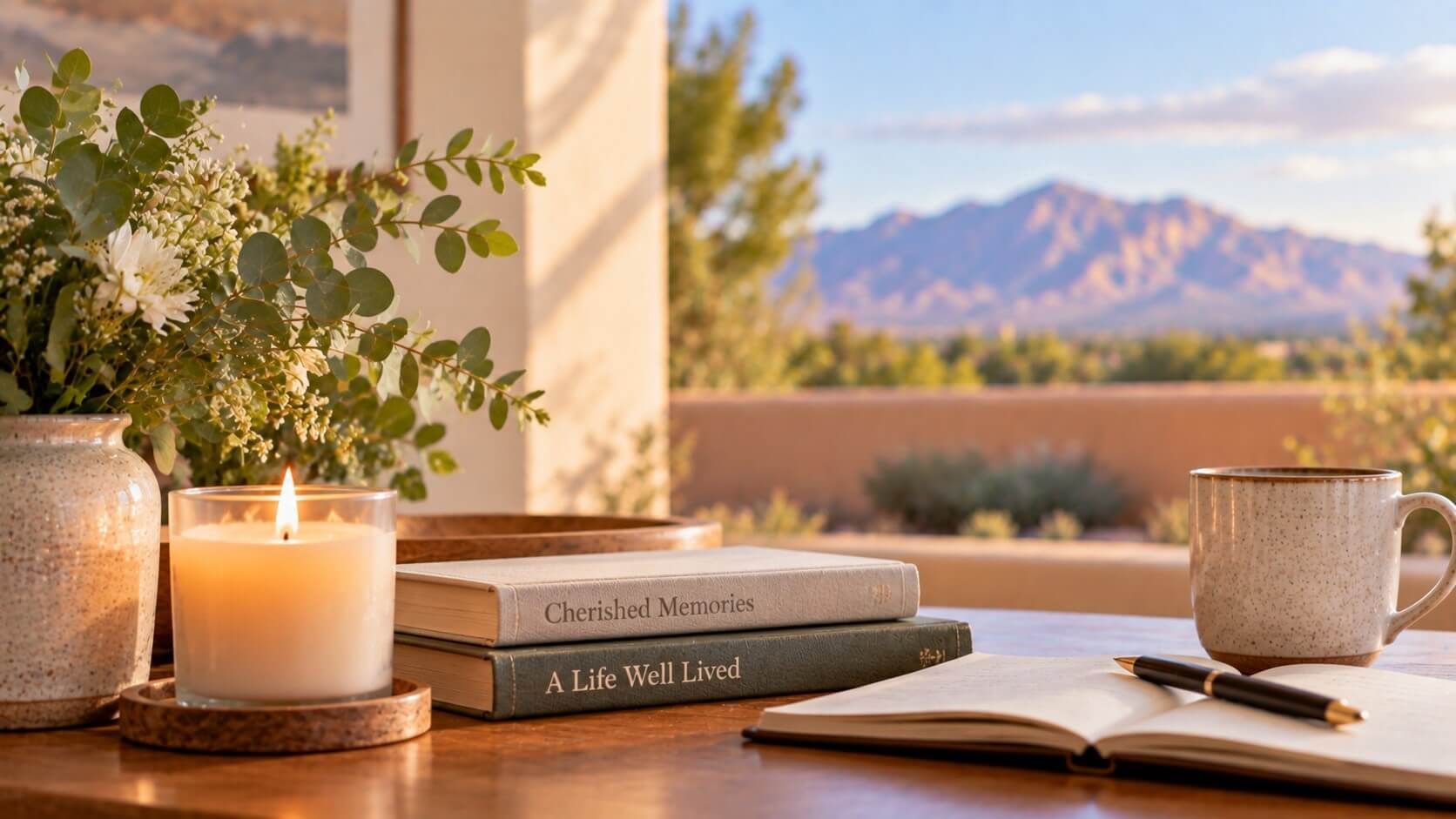 Flowers, a candle, and memory books create a calm setting for direct cremation in Albuquerque, NM