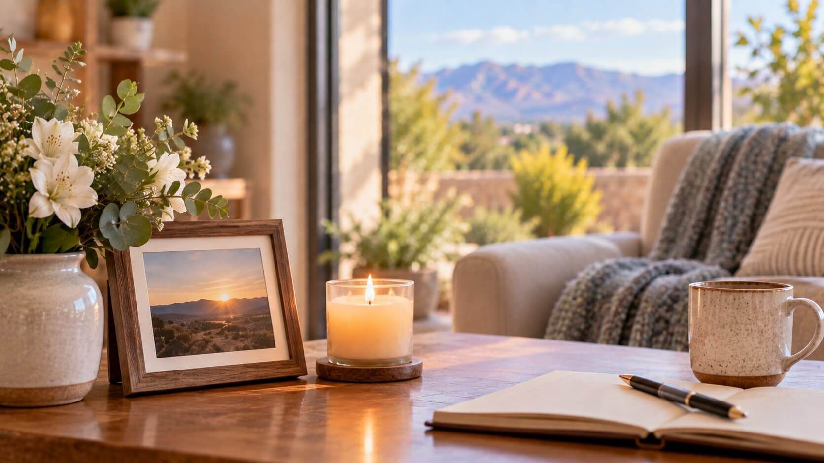 Flowers, a candle, and mountain views reflect direct cremation in Bernalillo, NM with gentle care