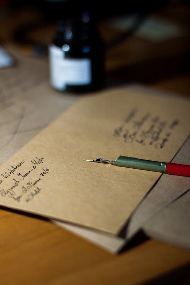 Fountain pen rests on handwritten letters, capturing a quiet moment of remembrance in Rio Rancho, NM