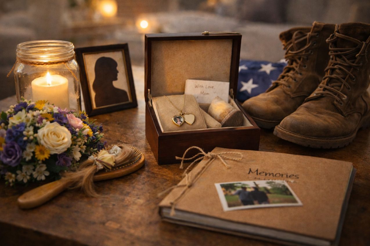 A flowers, keepsakes, and a memory book creates a tribute of direct cremation in Albuquerque, NM