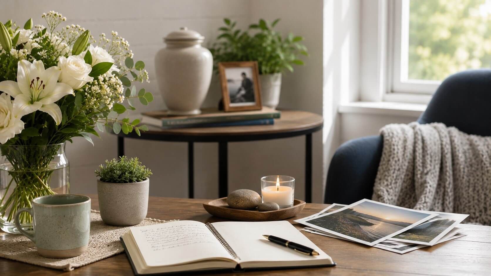 Photos, flowers, and a candle create a peaceful setting for direct cremation in Albuquerque, NM