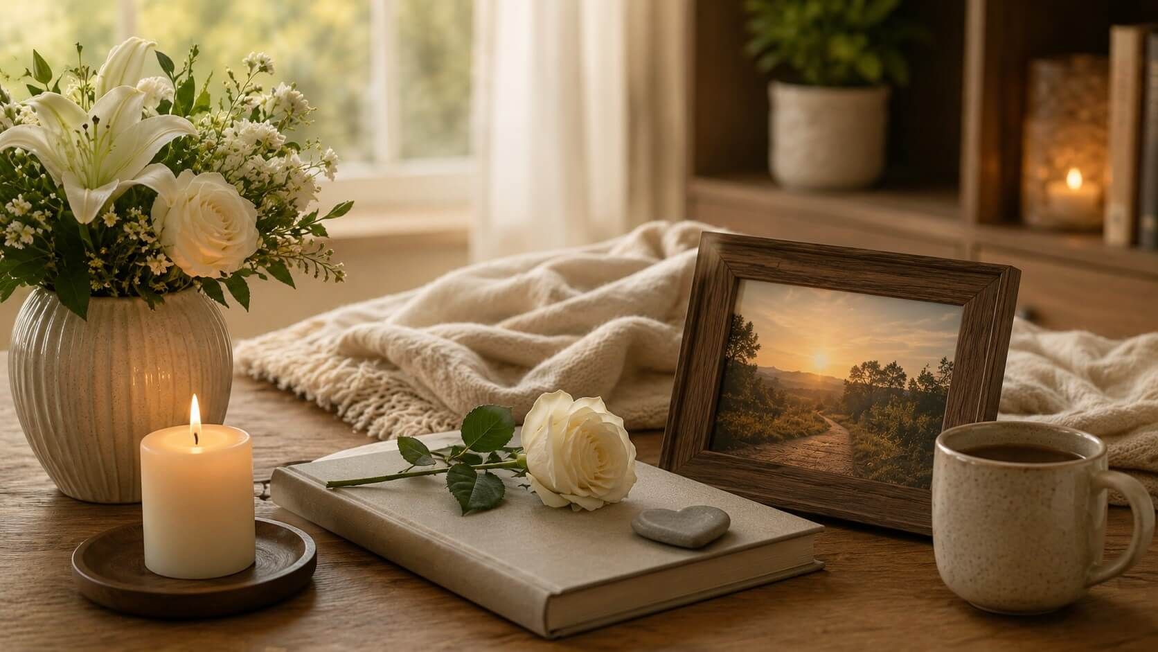White roses and candlelight create a tender scene for direct cremation in Bernalillo, NM
