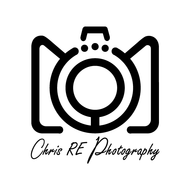Logo for Chris RE Photography featuring a stylized camera icon composed of a central circle and angular outlines.