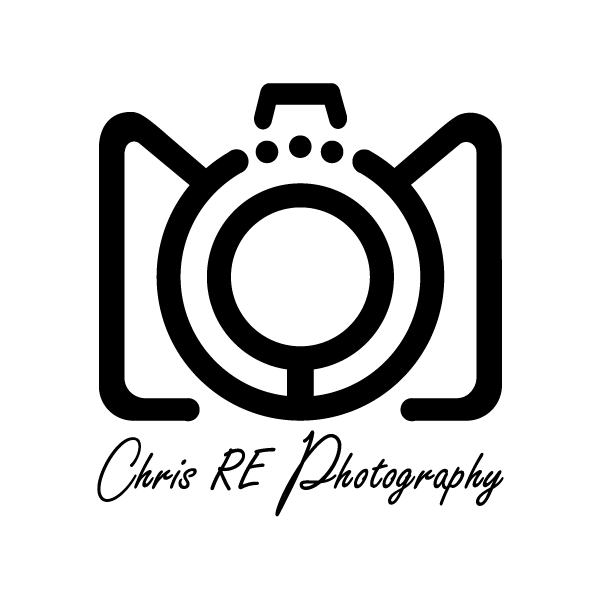 Logo for Chris RE Photography featuring a stylized camera icon composed of a central circle and angular outlines.