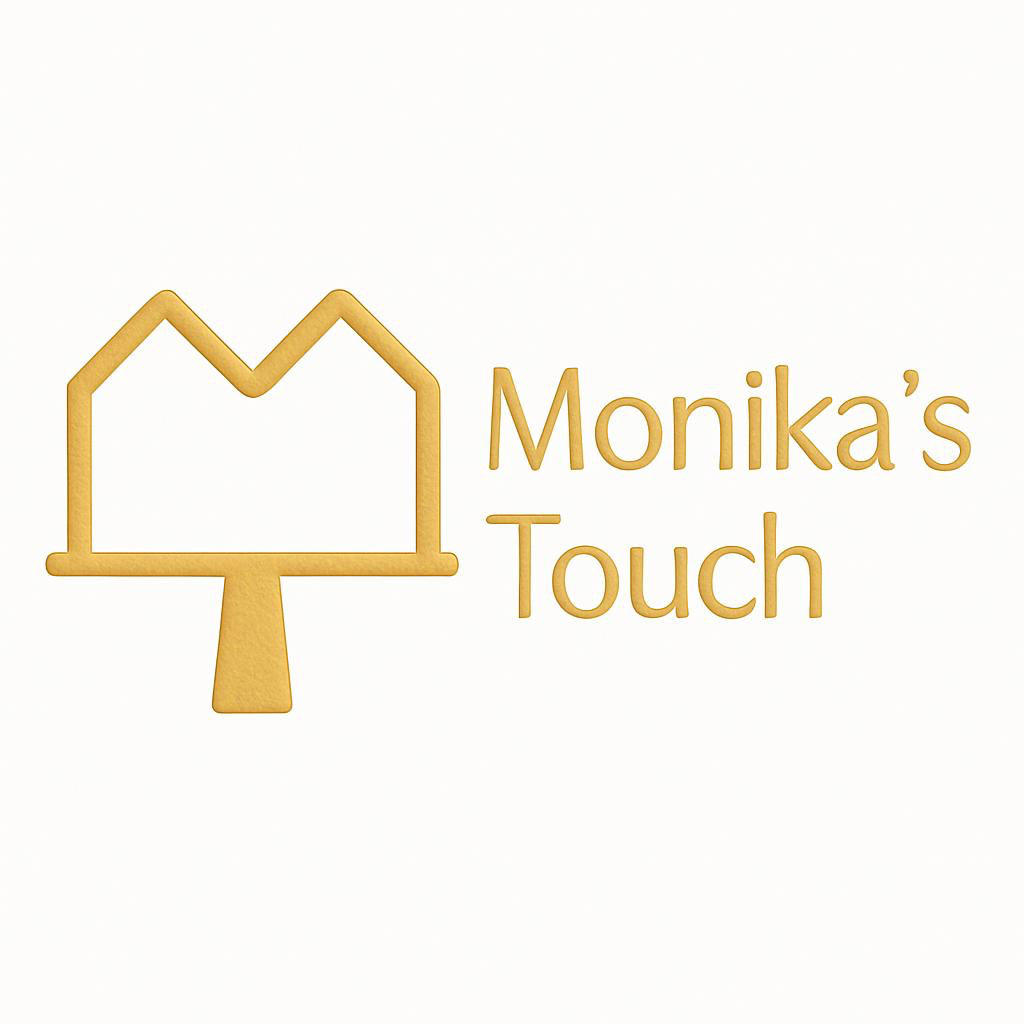 Gold logo featuring a stylized house outline above a post with the text