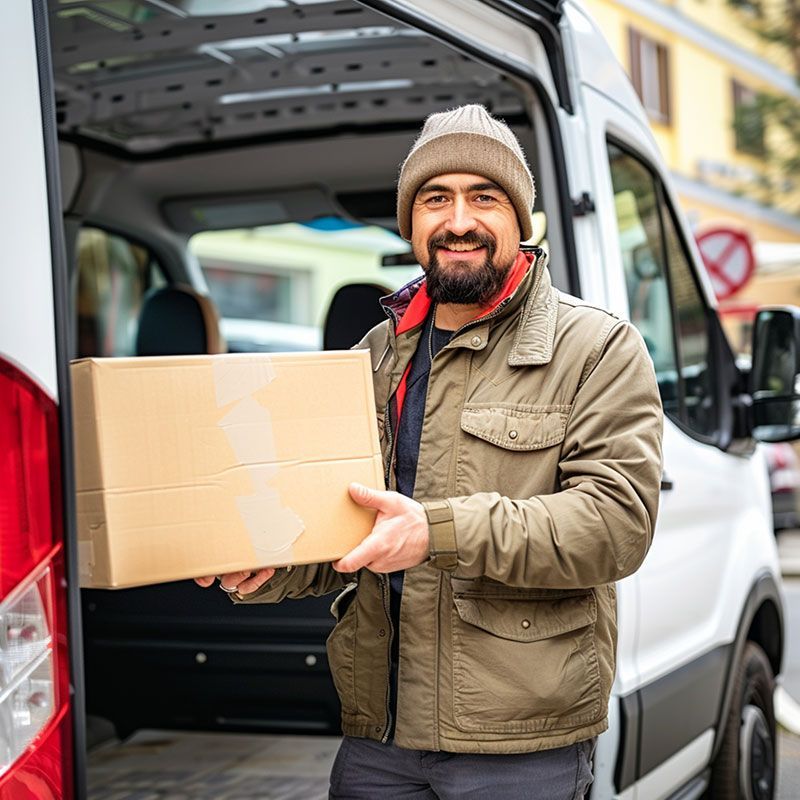 A courier holding a small parcel