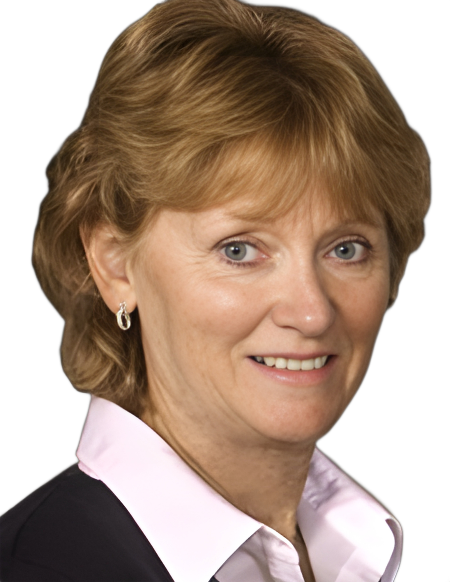 Headshot of a smiling woman in a white shirt against a dark background