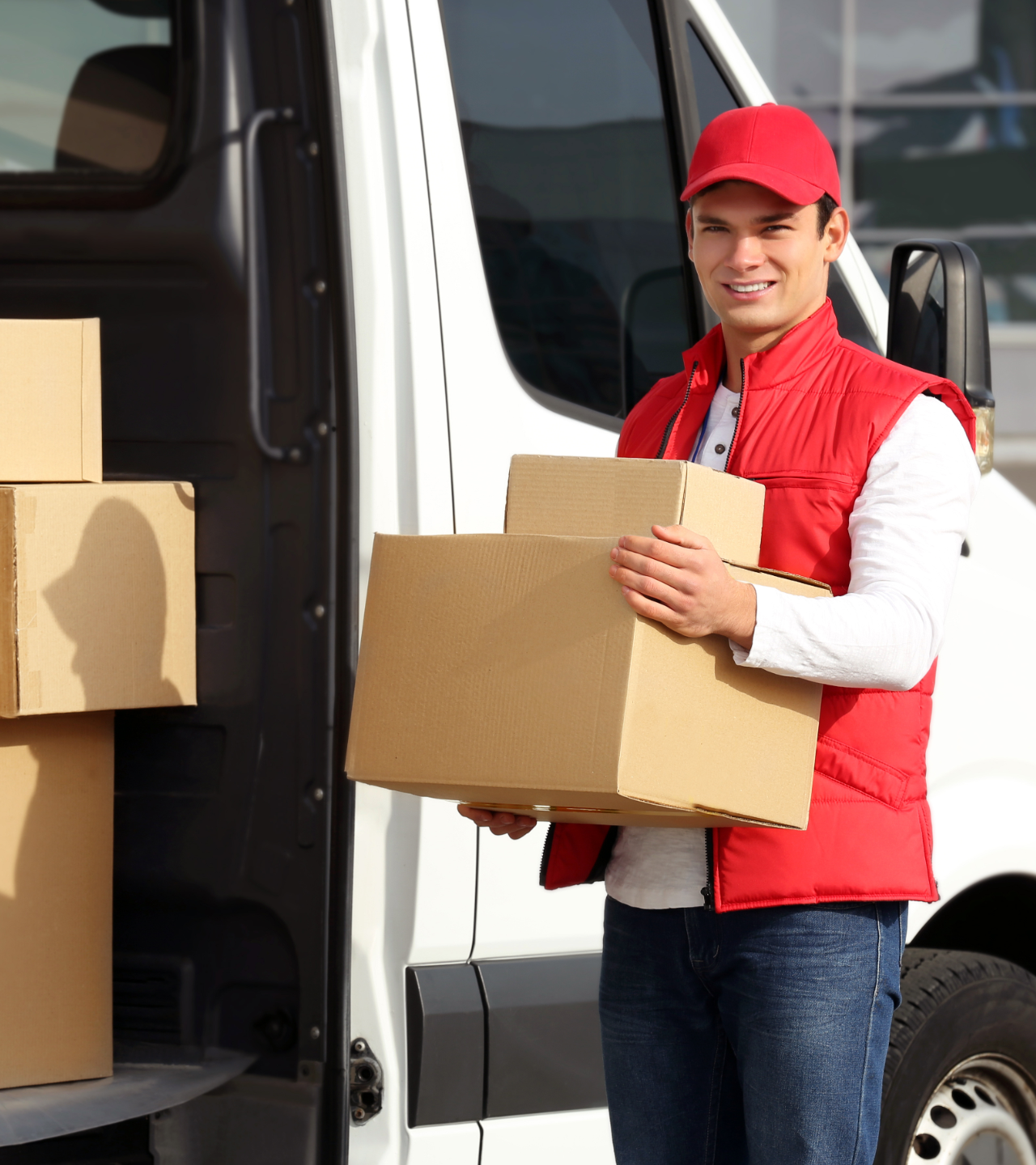 Delivery worker in red uniform holding a cardboard box beside a white van.