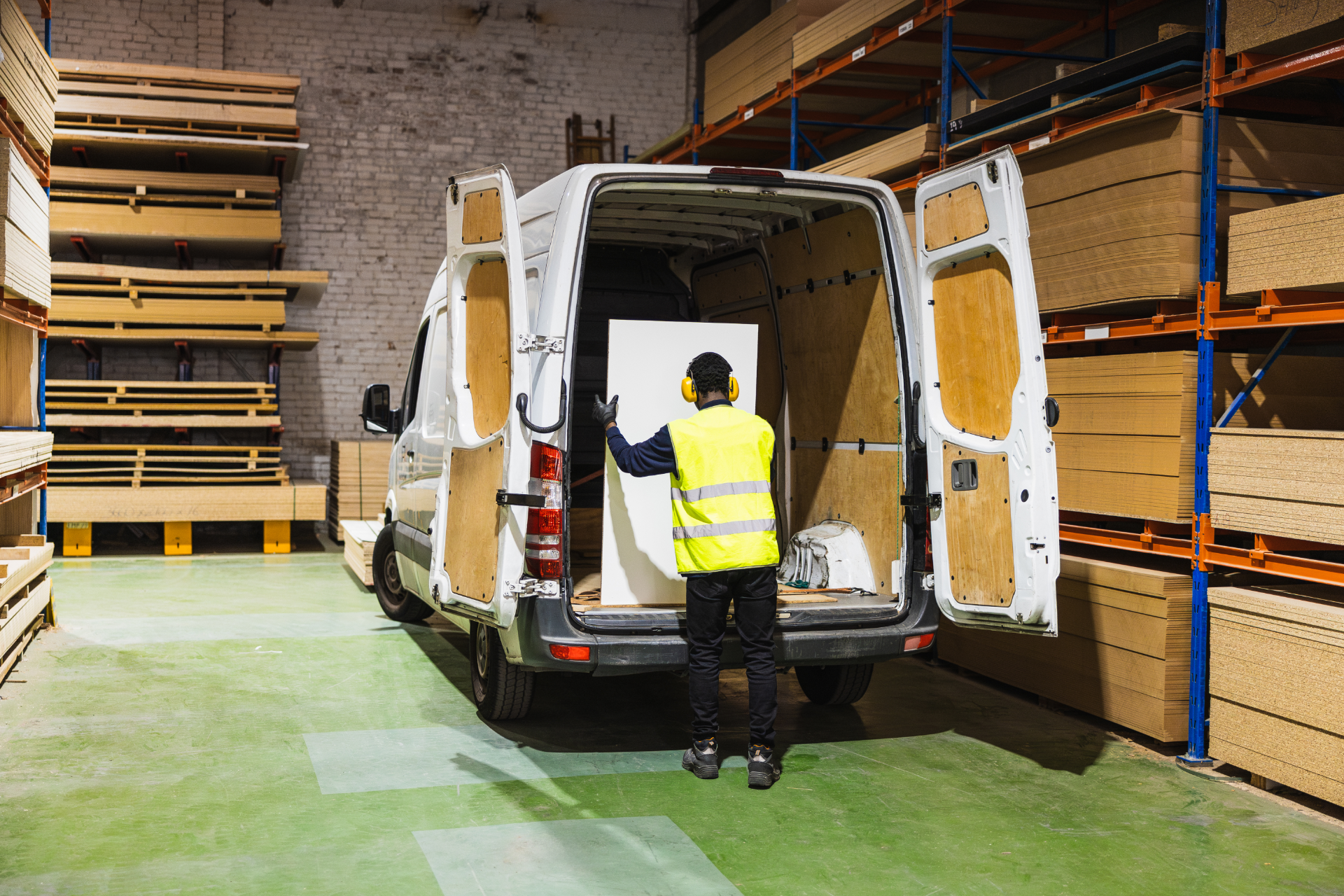 Worker in a hi-vis vest loading boxes into a white cargo van in a warehouse aisle.
