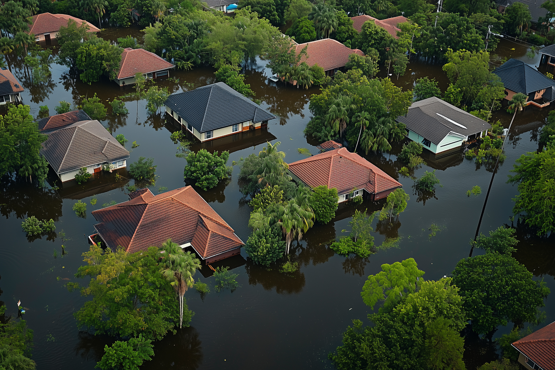 A flooded neighborhood with homes and trees partially submerged in dark water.