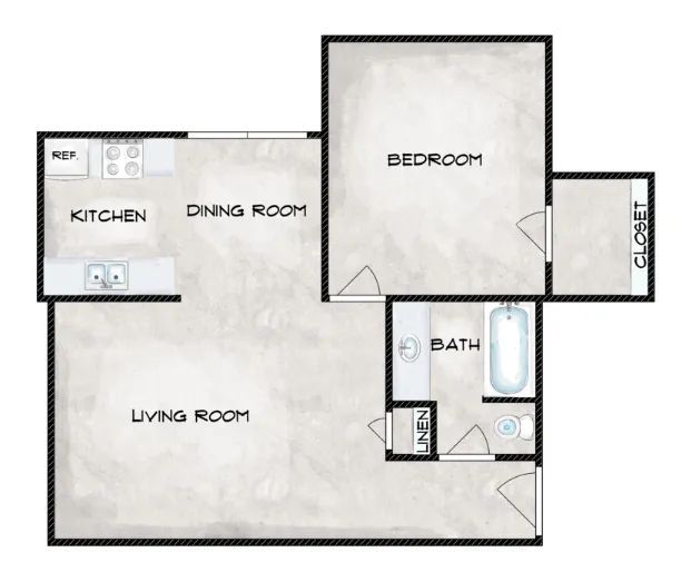 Floor plan of a small apartment with kitchen, dining room, living room, bedroom, bath, and closet.