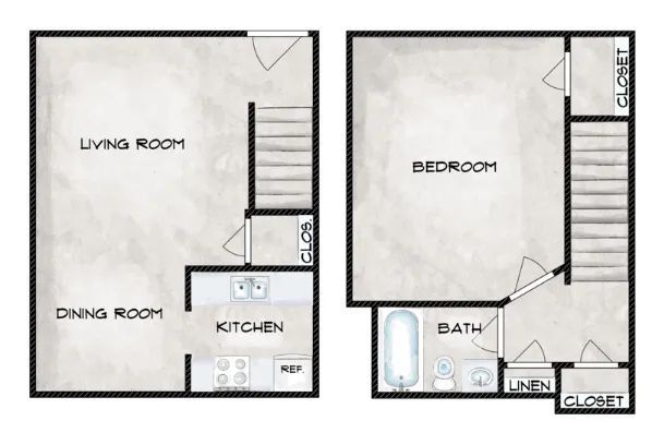 Black-and-white floor plan of a one-bedroom apartment with living room, kitchen, bath, closets, and stairs.