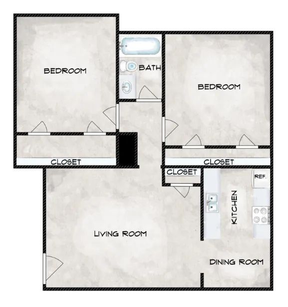 Black-and-white apartment floor plan with two bedrooms, bath, kitchen, dining room, living room, and closets