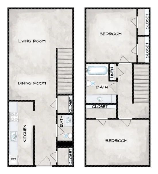 Two black-and-white apartment floor plans showing living room, kitchen, bedrooms, bath, closet, and stairs.