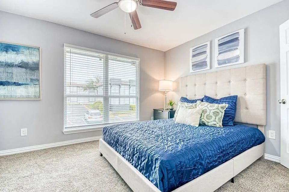 Bright bedroom with a blue bedspread, tufted white headboard, and window light