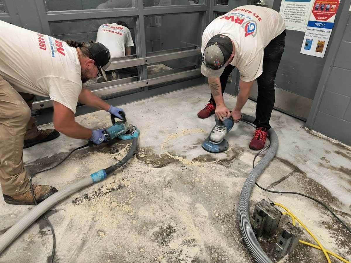 Two workers using grinders on a concrete floor in an industrial area, with dust and hoses around them to prep for epoxy